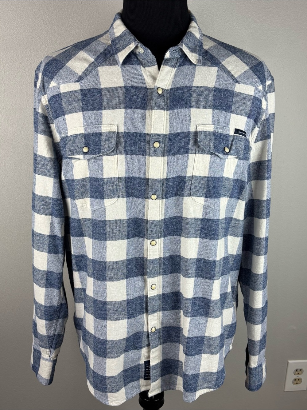 Lucky Brand Saturday Stretch Flannel Shirt Mens XL Pearl Snap Button Front Plaid